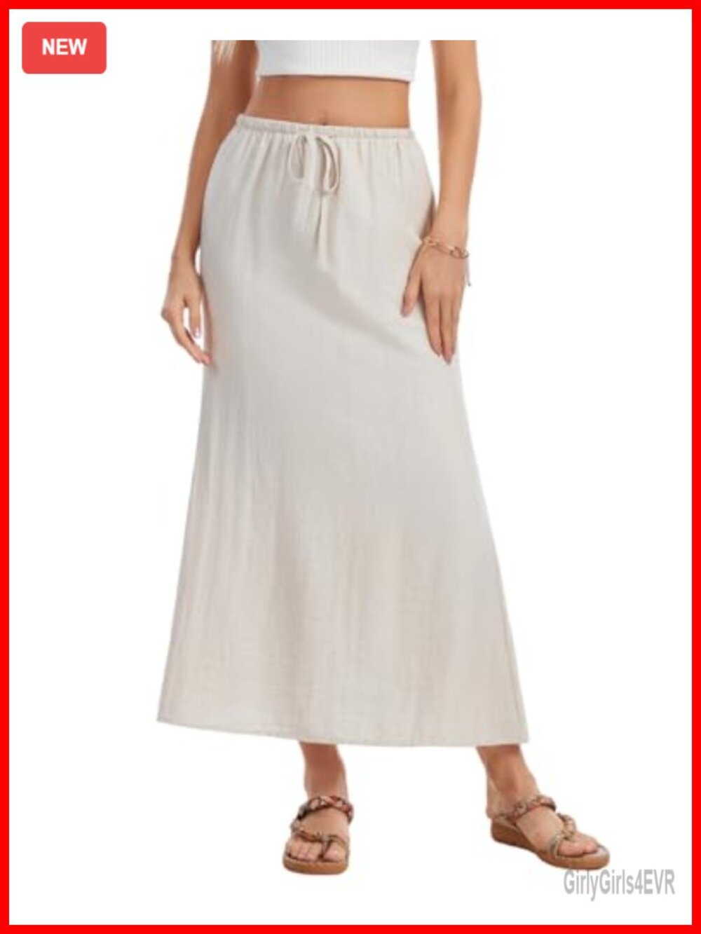 Linen Maxi Skirt A-Line Back Slit Drawstring Waist Summer Casual